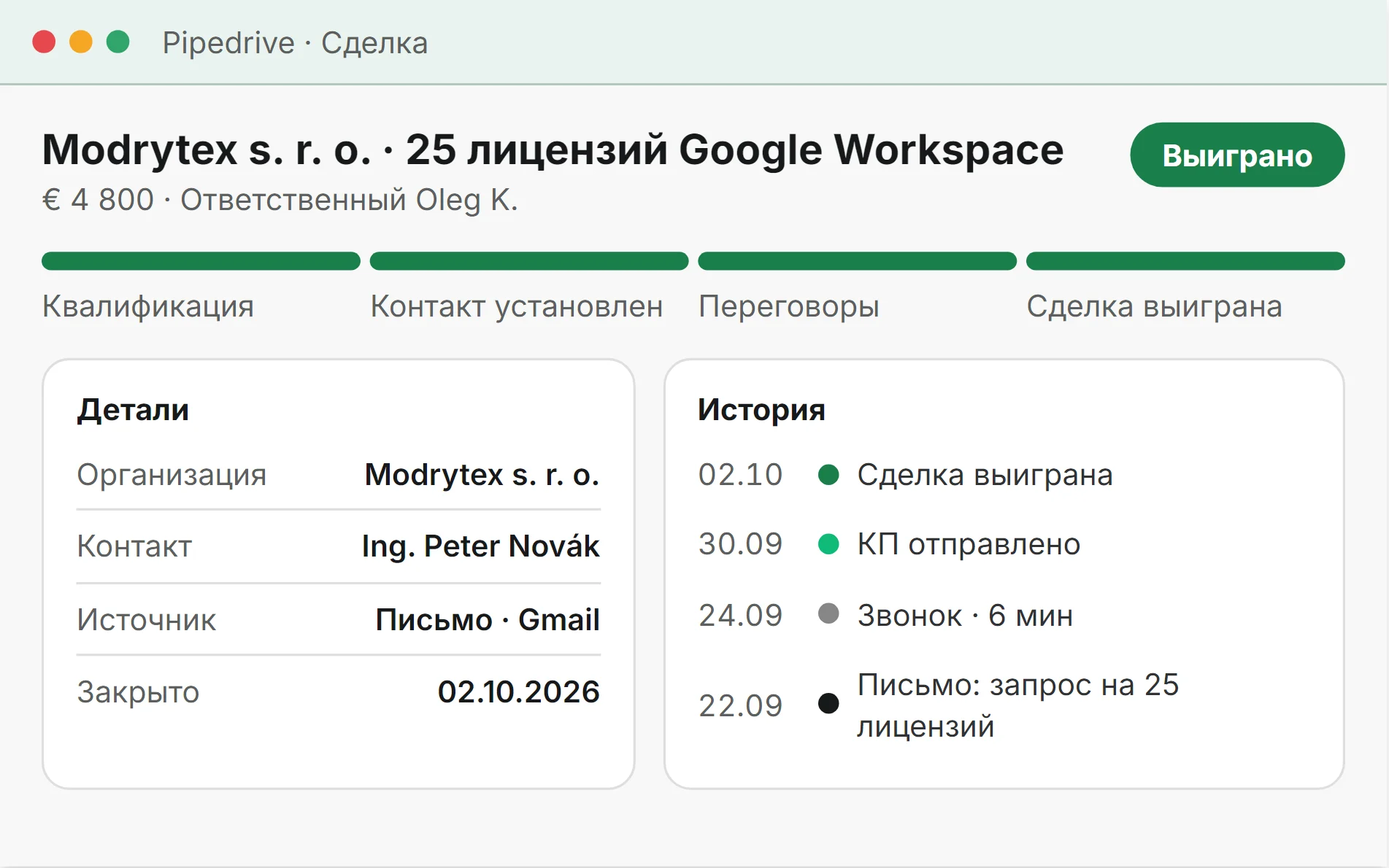 Стилизованная иллюстрация: карточка сделки Pipedrive, Modrytex s. r. o., 25 лицензий Google Workspace, 4 800 евро, сделка выиграна 2 октября
