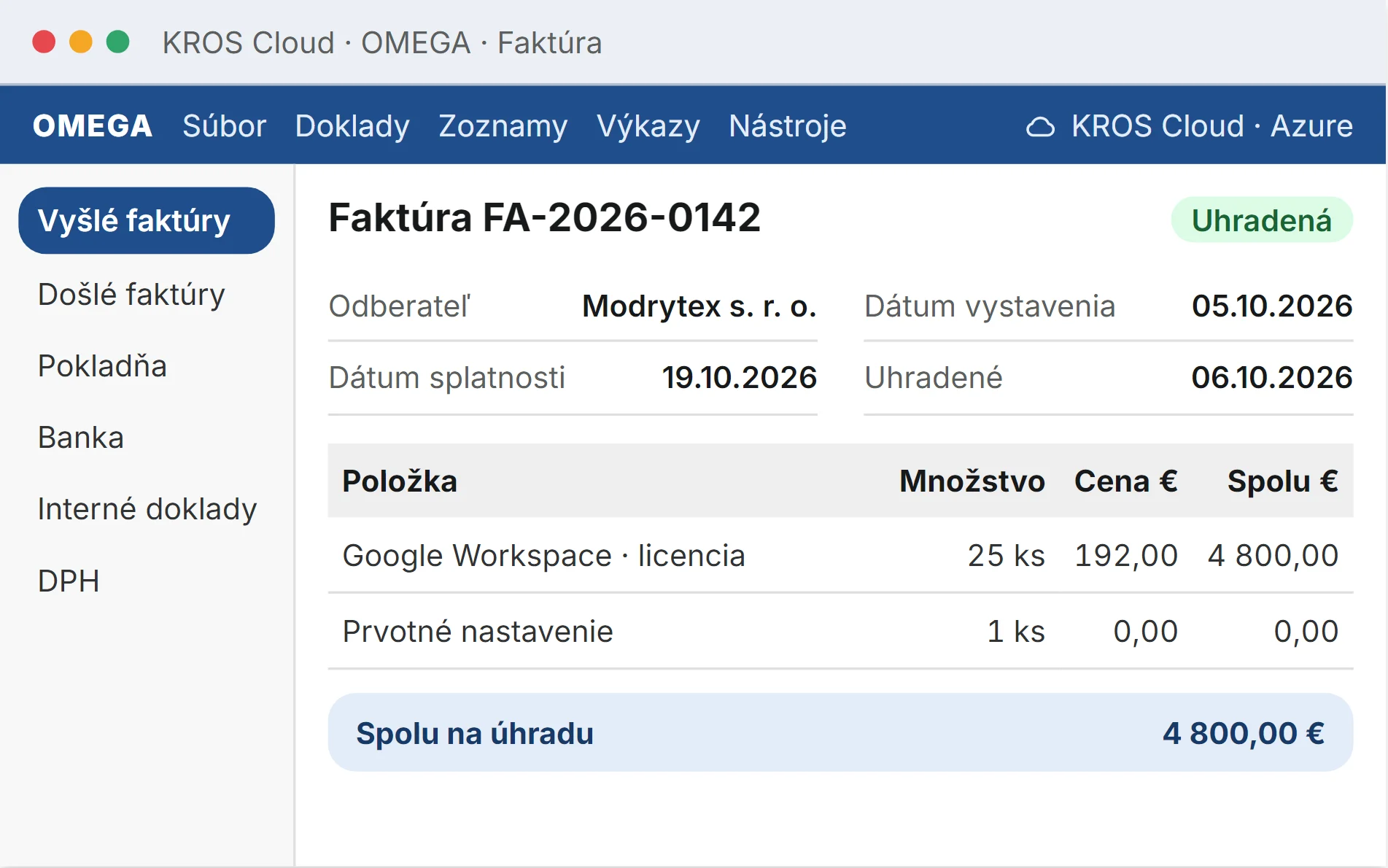 Стилизованная иллюстрация: KROS Cloud, программа OMEGA, счёт FA-2026-0142 для Modrytex s. r. o. на 4 800 евро, оплачен 6 октября